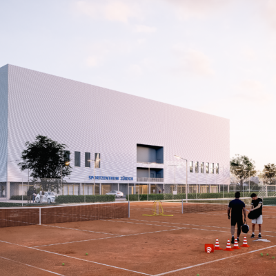 Visualisierung Sportzentrum Zürich, Gebäude von aussen mit Tennisplätzen, Giulio Wagner, Space Communication GmbH